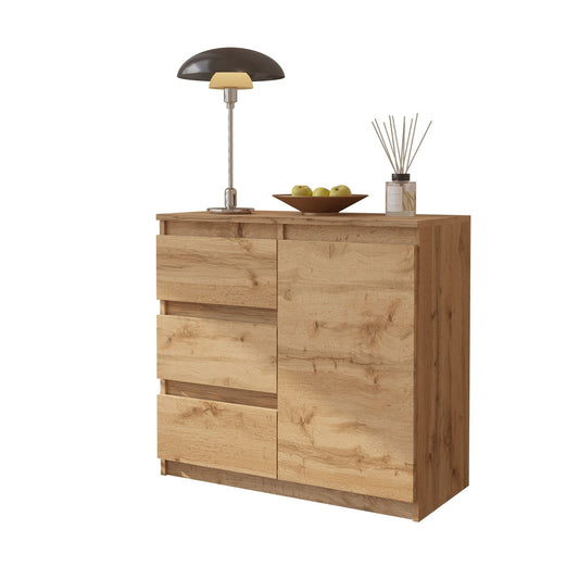 MIKEL - Komoda se 3 šuplíky a 1 dveřmi - Skříň na oblečení do ložnice - Skříňka na uložení - Wotan dub - V: 75 cm, Š: 80 cm, H: 35 cm