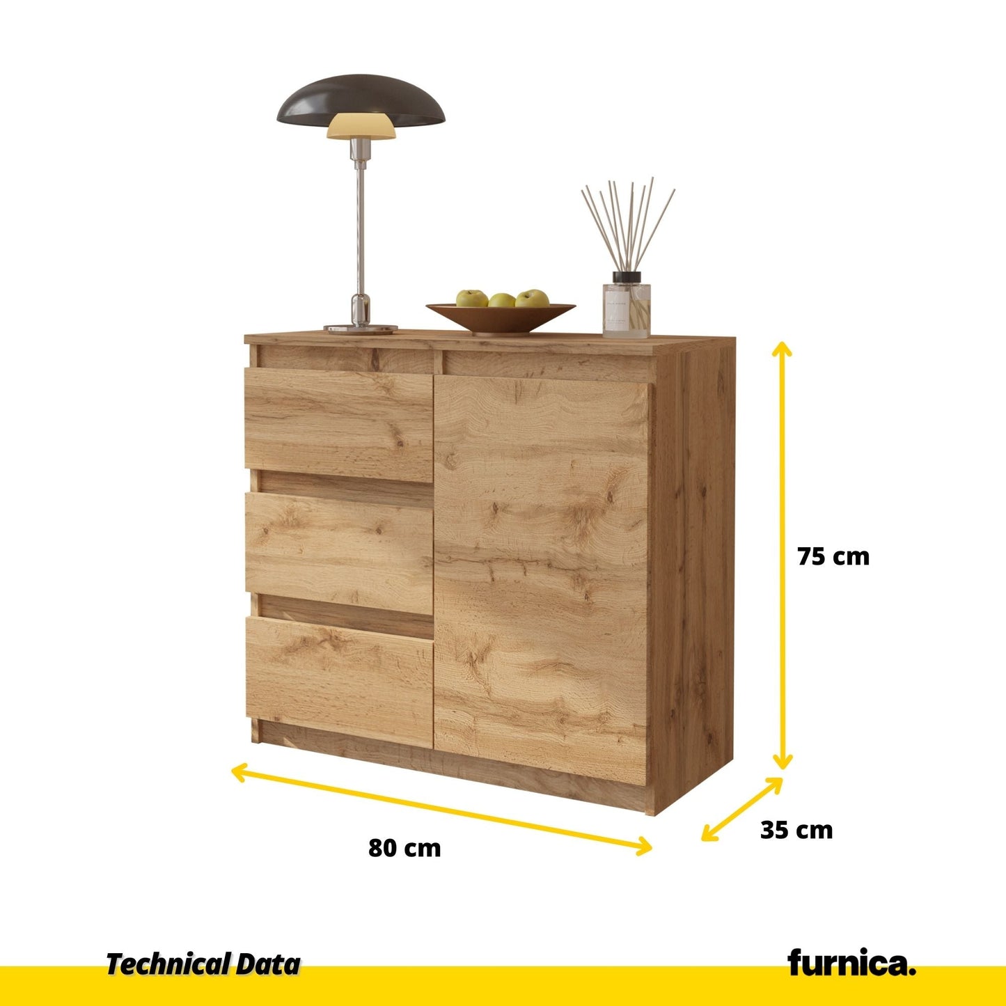 MIKEL - Komoda se 3 šuplíky a 1 dveřmi - Skříň na oblečení do ložnice - Skříňka na uložení - Wotan dub - V: 75 cm, Š: 80 cm, H: 35 cm