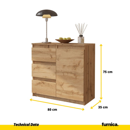 MIKEL - Komoda se 3 šuplíky a 1 dveřmi - Skříň na oblečení do ložnice - Skříňka na uložení - Wotan dub - V: 75 cm, Š: 80 cm, H: 35 cm