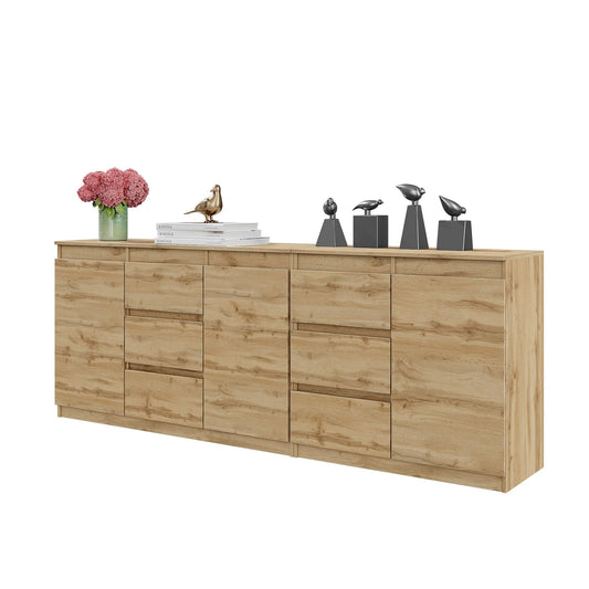 MIKEL - Komoda se 6 šuplíky a 3 dveřmi - Skříň na oblečení do ložnice - Wotan dub - V: 75 cm, Š: 200 cm, H: 35 cm