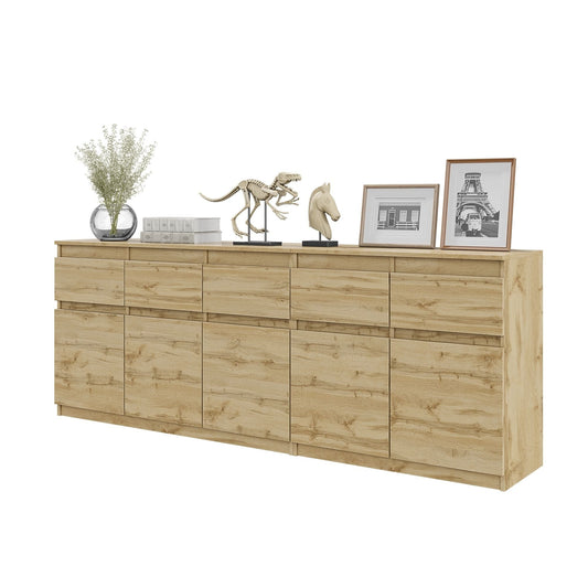 NOAH - Komoda se 5 šuplíky a 5 dveřmi - Skříň na uložení oblečení do ložnice - Wotan dub - V: 75 cm, Š: 200 cm, H: 35 cm