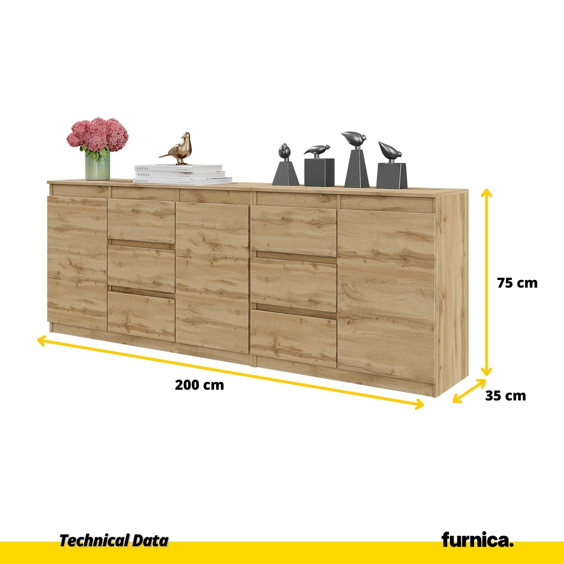 MIKEL - Komoda se 6 šuplíky a 3 dveřmi - Skříň na oblečení do ložnice - Wotan dub - V: 75 cm, Š: 200 cm, H: 35 cm (2)