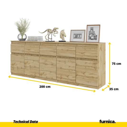 NOAH - Komoda se 5 šuplíky a 5 dveřmi - Skříň na uložení oblečení do ložnice - Wotan dub - V: 75 cm, Š: 200 cm, H: 35 cm