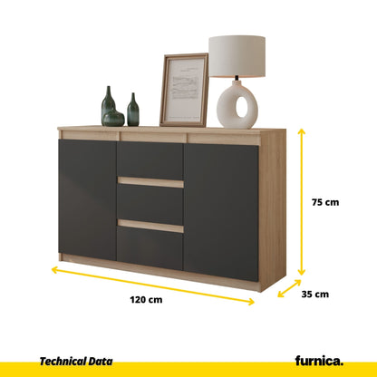 MIKEL - Komoda se 3 šuplíky a 2 dveřmi - Skříň na oblečení do ložnice - Sonoma dub / antracit H75cm W120cm D35cm