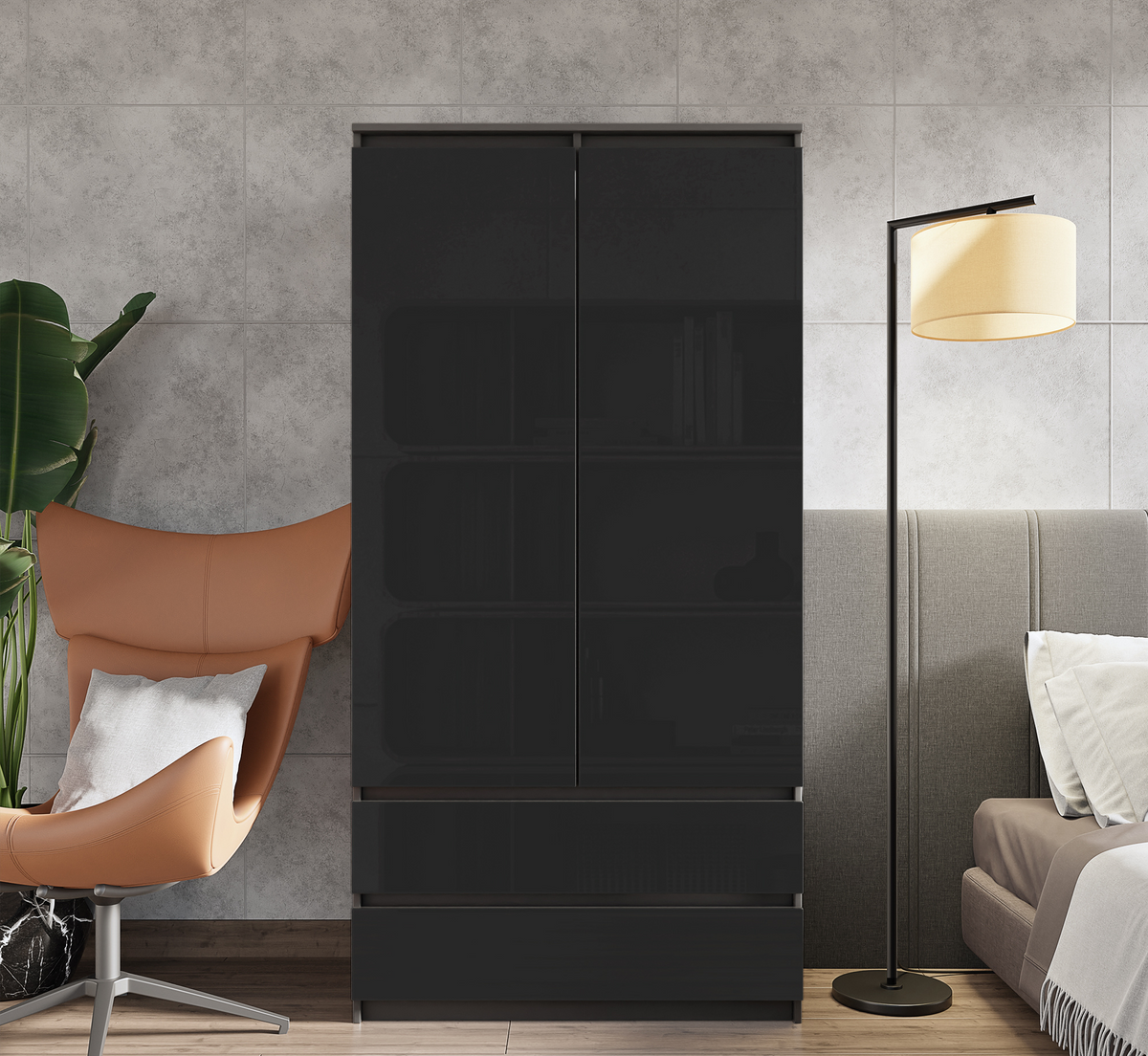 JOELLE - Skříň se 2 dveřmi a 2 zásuvkami - Antracit / Černý lesk - H180cm Š90cm D50cm (3) – Furnica
