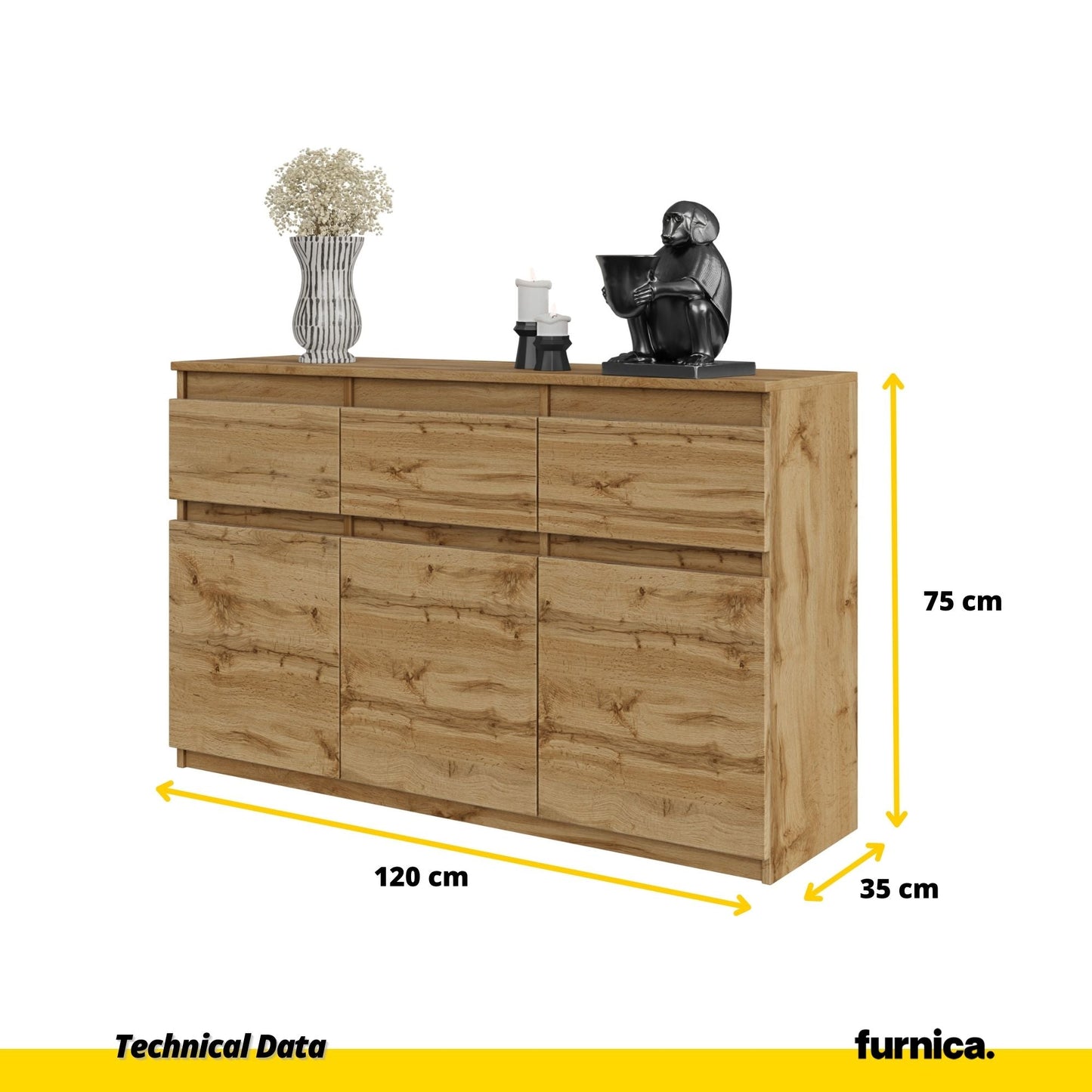 NOAH - Komoda se 3 šuplíky a 3 dveřmi - Skříň na uložení oblečení do ložnice - Jídelní skříň - Wotan dub H75cm W120cm D35cm