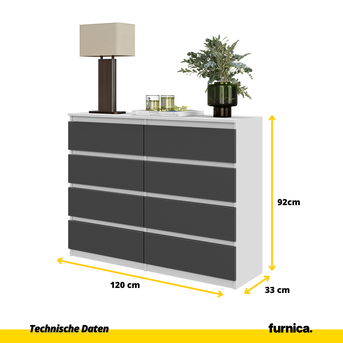 GABRIEL - Komoda se 8 šuplíky - Skříň na oblečení do ložnice - Bílá matná / Antracit - H92cm Š120cm D33cm (5)