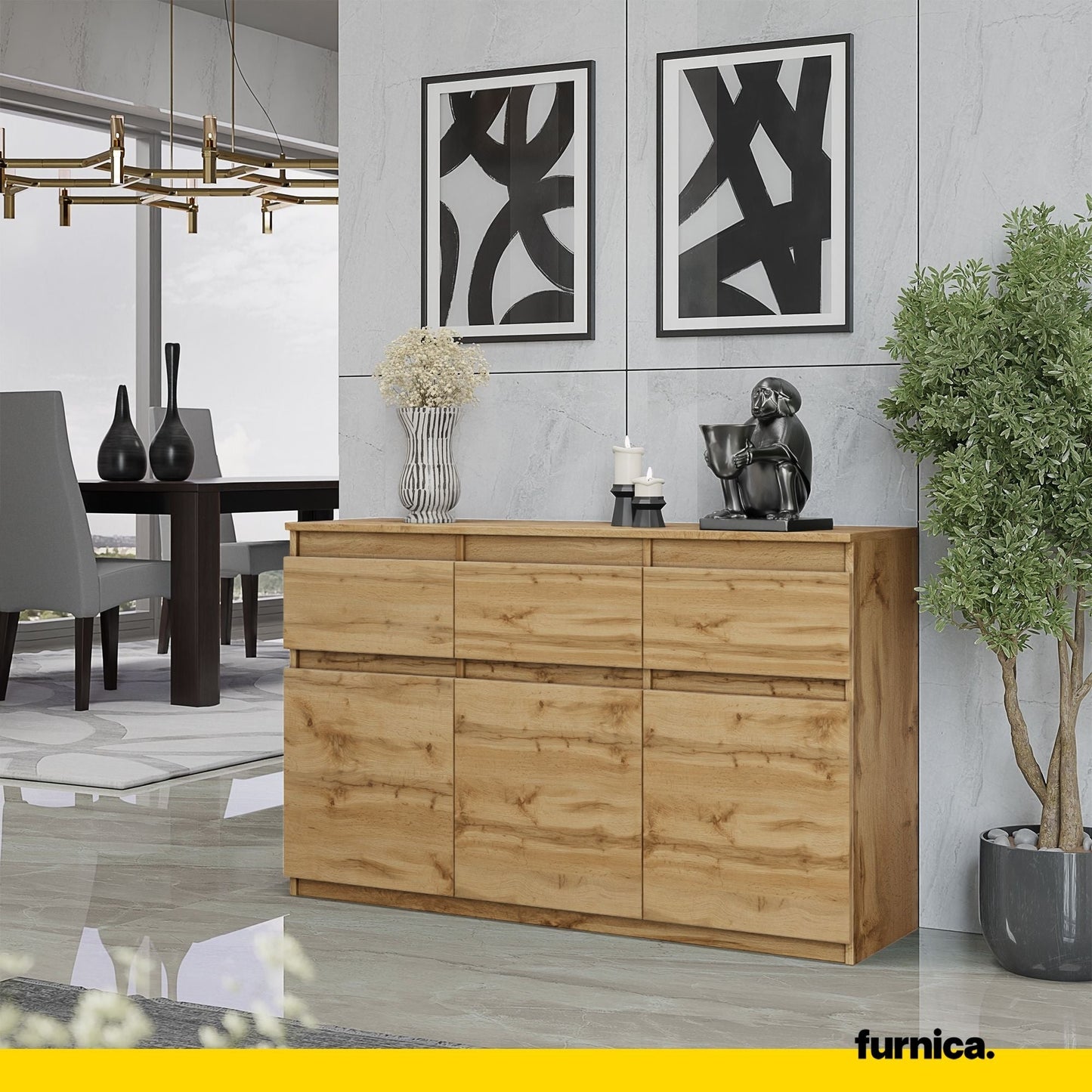 NOAH - Komoda se 3 šuplíky a 3 dveřmi - Skříň na uložení oblečení do ložnice - Jídelní skříň - Wotan dub H75cm W120cm D35cm