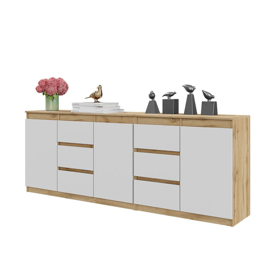 MIKEL - Komoda se 6 šuplíky a 3 dveřmi - Skříň na oblečení do ložnice - Wotan dub / Bílý mat - V: 75 cm, Š: 200 cm, H: 35 cm