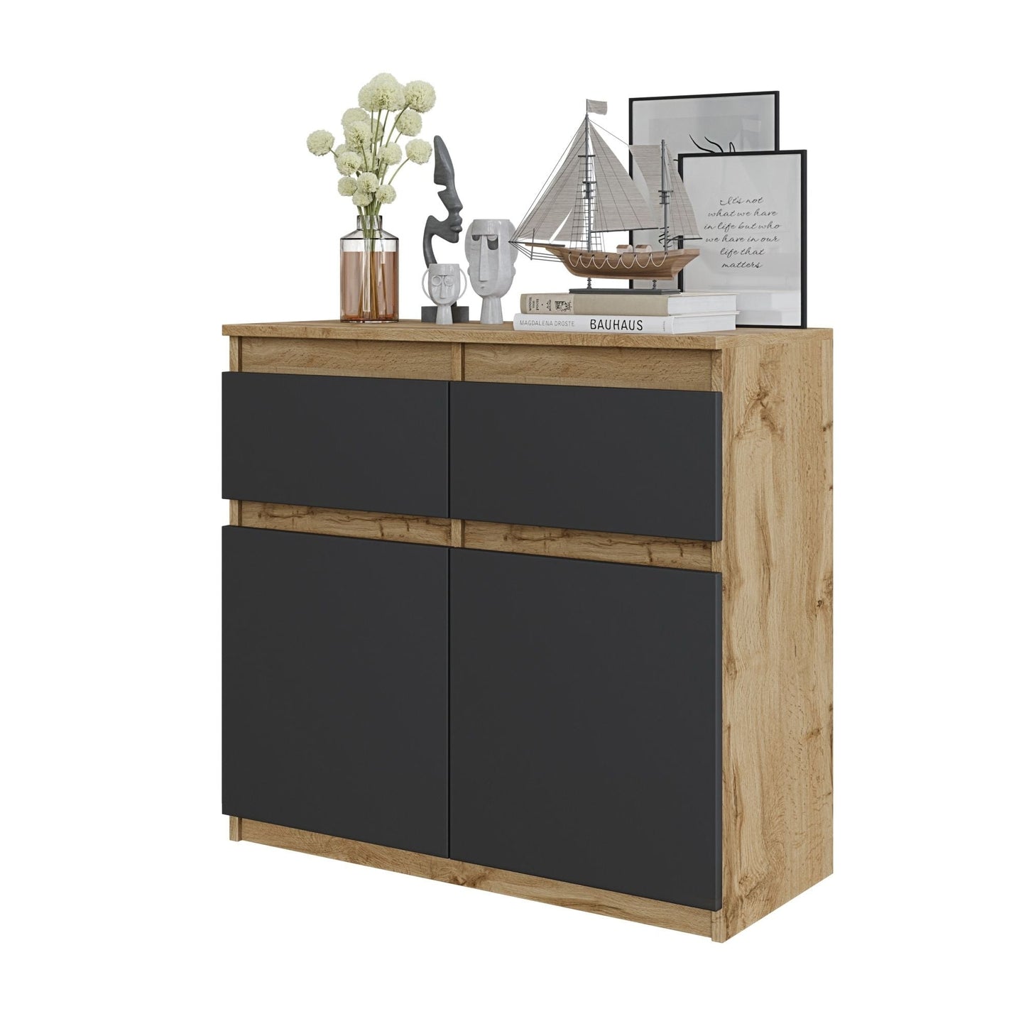NOAH - Komoda se 2 šuplíky a 2 dveřmi - Skříň na uložení oblečení do ložnice - Wotan dub / antracit H75cm W80cm D35cm