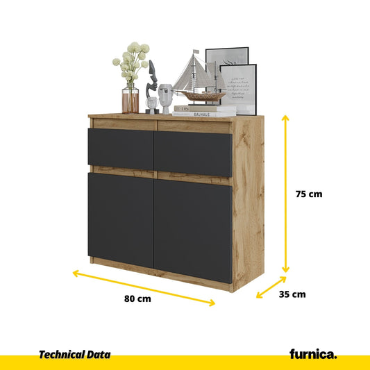 NOAH - Komoda se 2 šuplíky a 2 dveřmi - Skříň na uložení oblečení do ložnice - Wotan dub / antracit H75cm W80cm D35cm