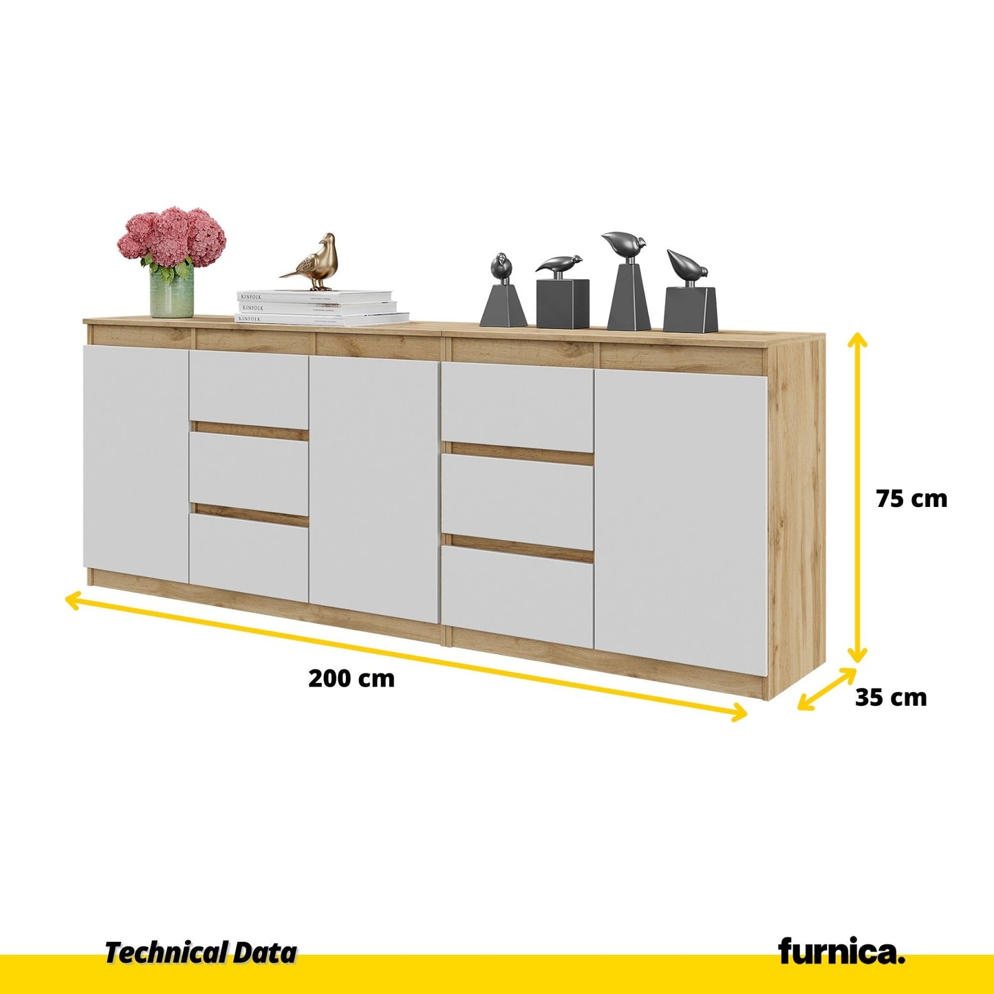 MIKEL - Komoda se 6 šuplíky a 3 dveřmi - Skříň na oblečení do ložnice - Wotan dub / Bílý mat - V: 75 cm, Š: 200 cm, H: (2)