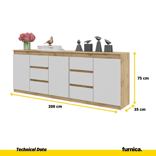 MIKEL - Komoda se 6 šuplíky a 3 dveřmi - Skříň na oblečení do ložnice - Wotan dub / Bílý mat - V: 75 cm, Š: 200 cm, H: 35 cm