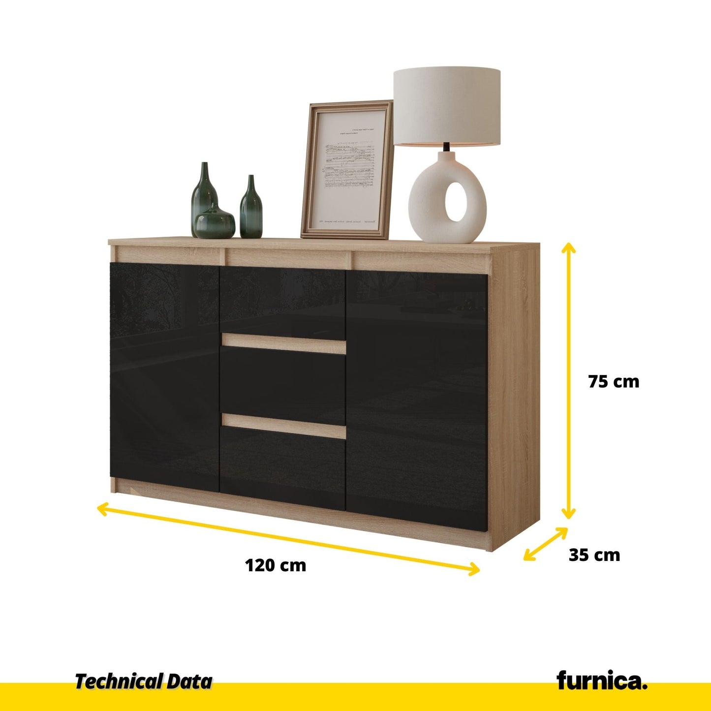 MIKEL - Komoda se 3 šuplíky a 2 dveřmi - Skříň na oblečení do ložnice - Sonoma dub / černý lesk - Výška 75 cm, šířka 120 cm, hloubka 35 cm.
