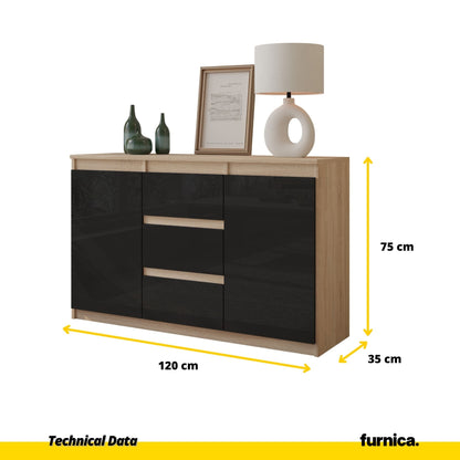 MIKEL - Komoda se 3 šuplíky a 2 dveřmi - Skříň na oblečení do ložnice - Sonoma dub / černý lesk - Výška 75 cm, šířka 120 cm, hloubka 35 cm.