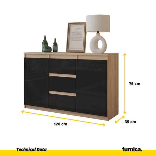 MIKEL - Komoda se 3 šuplíky a 2 dveřmi - Skříň na oblečení do ložnice - Sonoma dub / černý lesk - Výška 75 cm, šířka 120 cm, hloubka 35 cm.