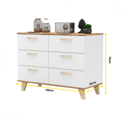 INGRID - Skandinávská komoda se 6 šuplíky - bílý mat / Wotan dub H75cm W100cm D45cm