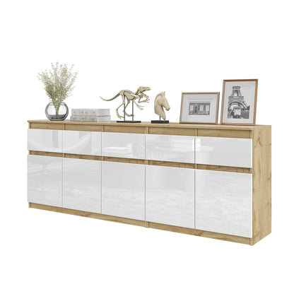 NOAH - Komoda se 5 šuplíky a 5 dveřmi - Skříň na uložení oblečení do ložnice - Wotan dub / bílý lesk H75cm W200cm D35cm