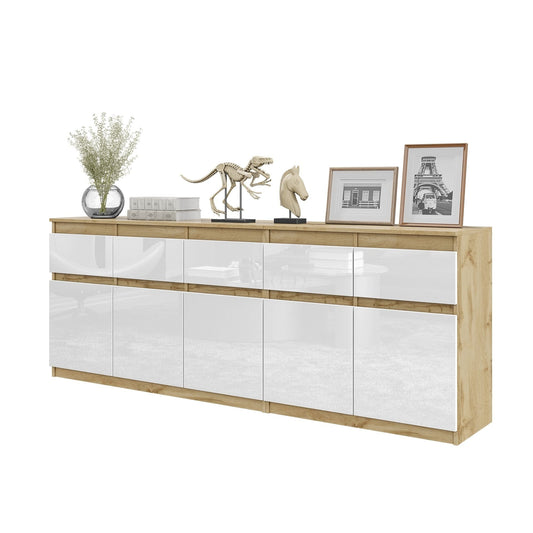 NOAH - Komoda se 5 šuplíky a 5 dveřmi - Skříň na uložení oblečení do ložnice - Wotan dub / bílý lesk H75cm W200cm D35cm