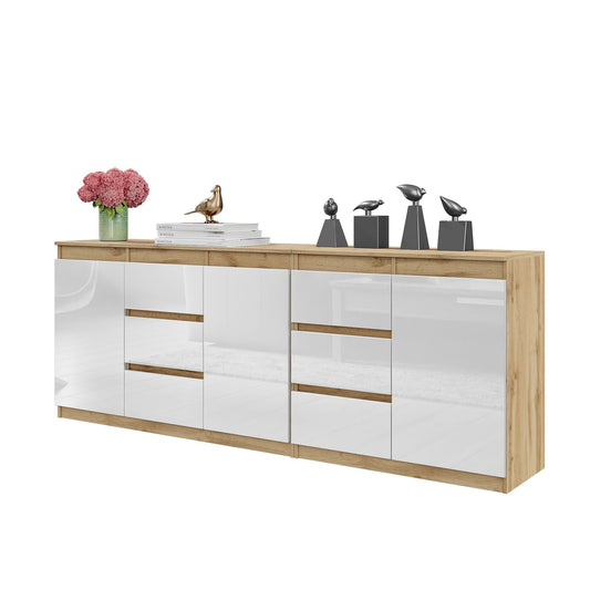 MIKEL - Komoda se 6 šuplíky a 3 dveřmi - Skříň na oblečení do ložnice - Wotan dub / Bílý lesk - Výška 75 cm, šířka 200 cm, hloubka 35 cm.
