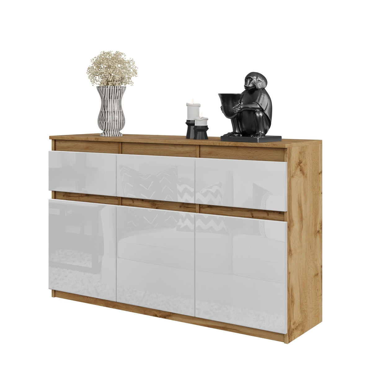NOAH - Komoda se 3 šuplíky a 3 dveřmi - Skříň na uložení oblečení do ložnice - Wotan dub / bílý lesk H75cm W120cm D35cm