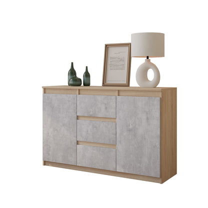 MIKEL - Komoda se 3 šuplíky a 2 dveřmi - Skříň na oblečení do ložnice - Sonoma dub / beton - Výška 75 cm, šířka 120 cm, hloubka 35 cm.