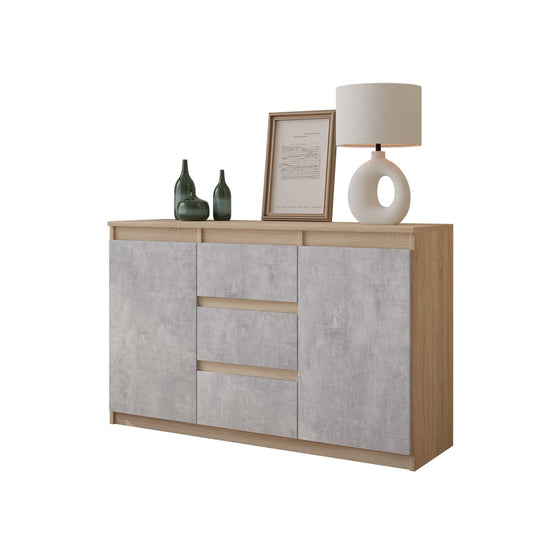 MIKEL - Komoda se 3 šuplíky a 2 dveřmi - Skříň na oblečení do ložnice - Sonoma dub / beton - Výška 75 cm, šířka 120 cm, hloubka 35 cm.