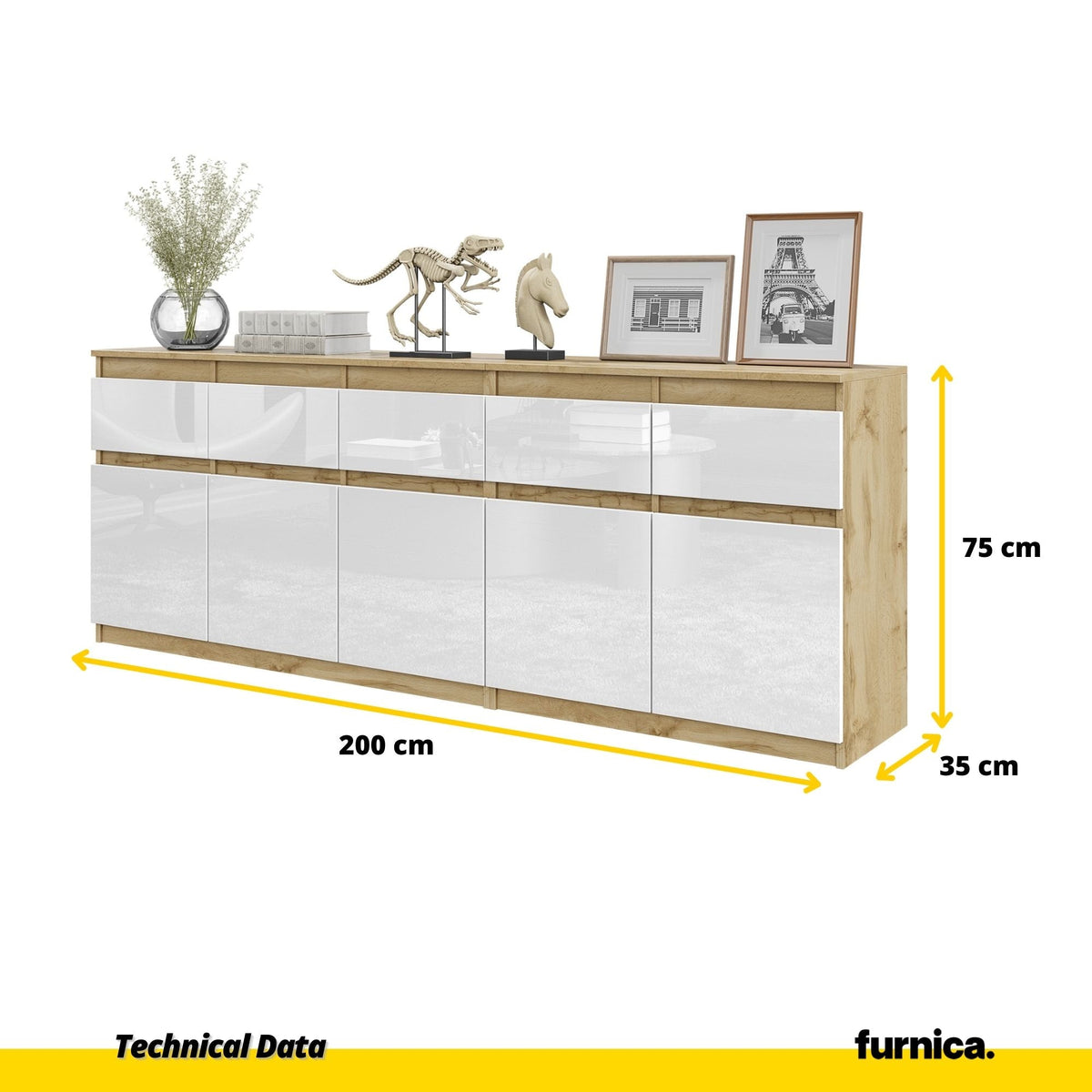 NOAH - Komoda se 5 šuplíky a 5 dveřmi - Skříň na uložení oblečení do ložnice - Wotan dub / bílý lesk H75cm W200cm D35cm (2)