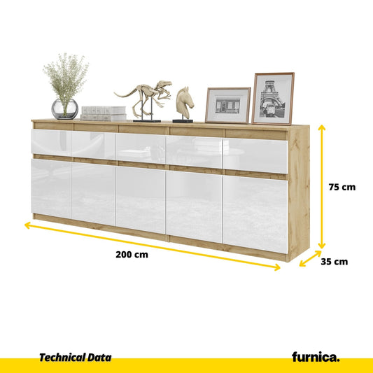 NOAH - Komoda se 5 šuplíky a 5 dveřmi - Skříň na uložení oblečení do ložnice - Wotan dub / bílý lesk H75cm W200cm D35cm