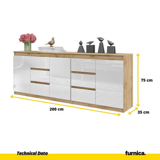 MIKEL - Komoda se 6 šuplíky a 3 dveřmi - Skříň na oblečení do ložnice - Wotan dub / Bílý lesk - Výška 75 cm, šířka 200 cm, hloubka 35 cm.