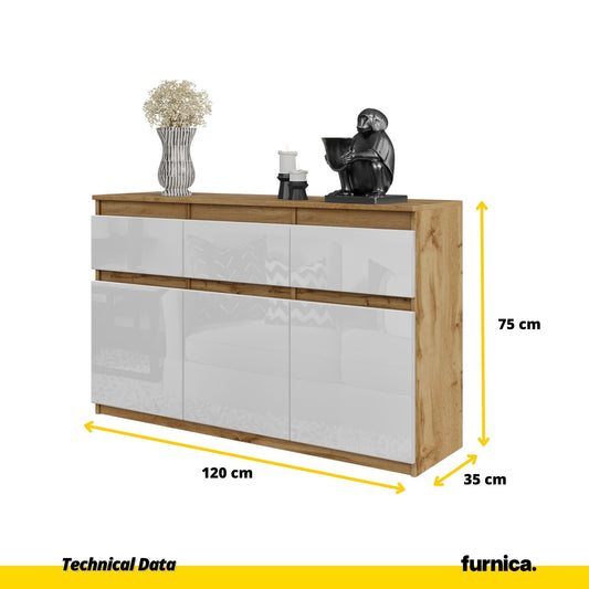 NOAH - Komoda se 3 šuplíky a 3 dveřmi - Skříň na uložení oblečení do ložnice - Wotan dub / bílý lesk H75cm W120cm D35cm