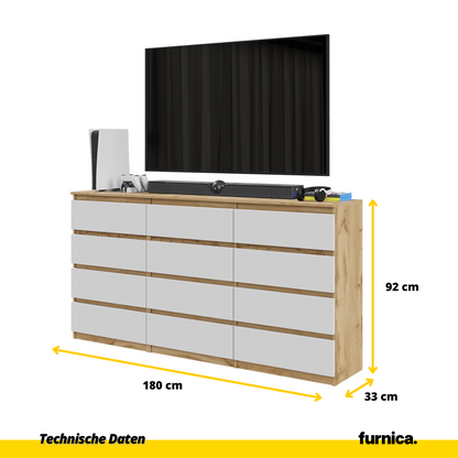 GABRIEL - Komoda se 12 šuplíky (8+4) - Skříň na oblečení do ložnice - Dub Wotan / Bílá matná - H92cm Š180cm D33cm (2)