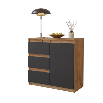 MIKEL - Komoda se 3 šuplíky a 1 dveřmi - Skříň na oblečení do ložnice - Wotan dub / antracit H75cm W80cm D35cm