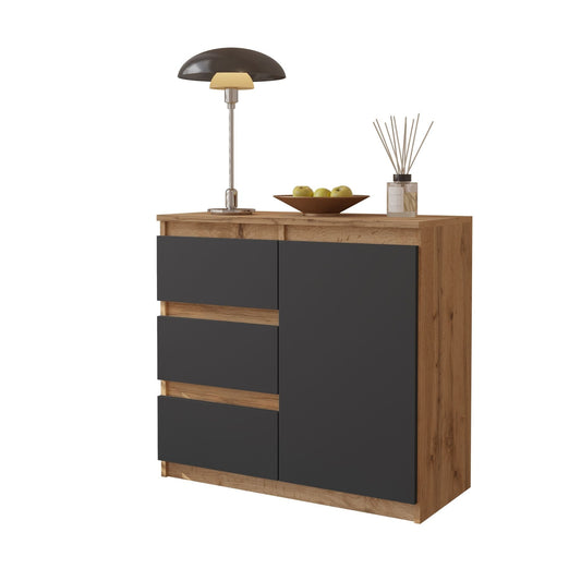 MIKEL - Komoda se 3 šuplíky a 1 dveřmi - Skříň na oblečení do ložnice - Wotan dub / antracit H75cm W80cm D35cm