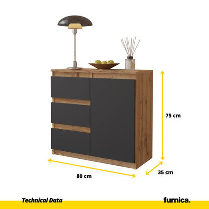 MIKEL - Komoda se 3 šuplíky a 1 dveřmi - Skříň na oblečení do ložnice - Wotan dub / antracit H75cm W80cm D35cm