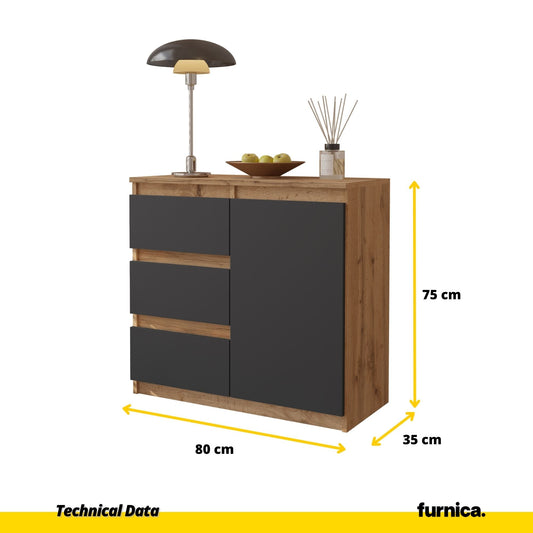 MIKEL - Komoda se 3 šuplíky a 1 dveřmi - Skříň na oblečení do ložnice - Wotan dub / antracit H75cm W80cm D35cm