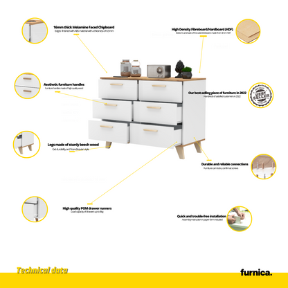INGRID - Skandinávská komoda se 6 šuplíky - bílý mat / Wotan dub H75cm W100cm D45cm