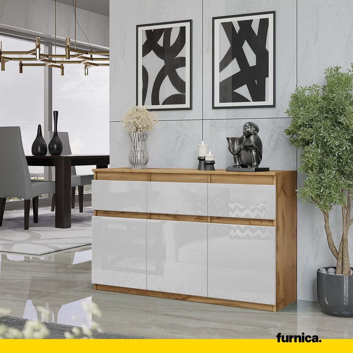 NOAH - Komoda se 3 šuplíky a 3 dveřmi - Skříň na uložení oblečení do ložnice - Wotan dub / bílý lesk H75cm W120cm D35cm (3)
