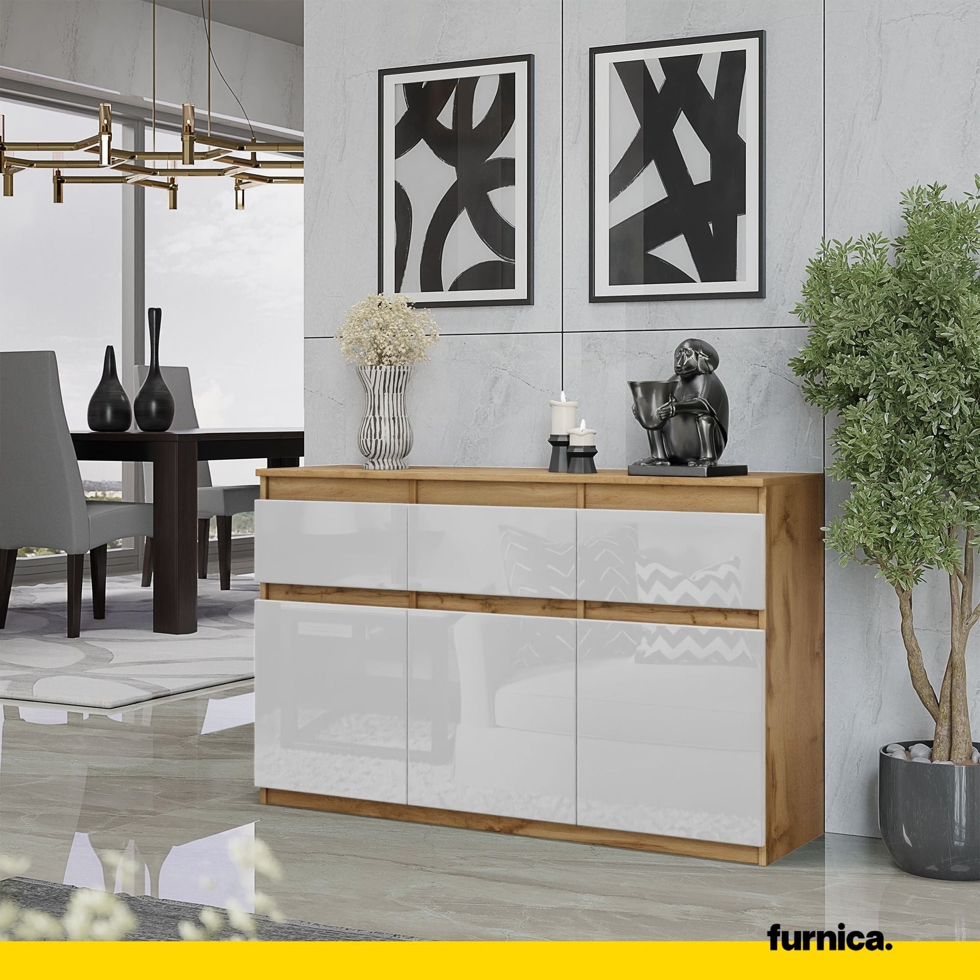 NOAH - Komoda se 3 šuplíky a 3 dveřmi - Skříň na uložení oblečení do ložnice - Wotan dub / bílý lesk H75cm W120cm D35cm (3)