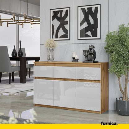 NOAH - Komoda se 3 šuplíky a 3 dveřmi - Skříň na uložení oblečení do ložnice - Wotan dub / bílý lesk H75cm W120cm D35cm (3)