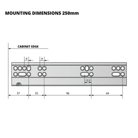 Skryté zavírání zásuvkových lišt s plným výsuvem - 250 mm