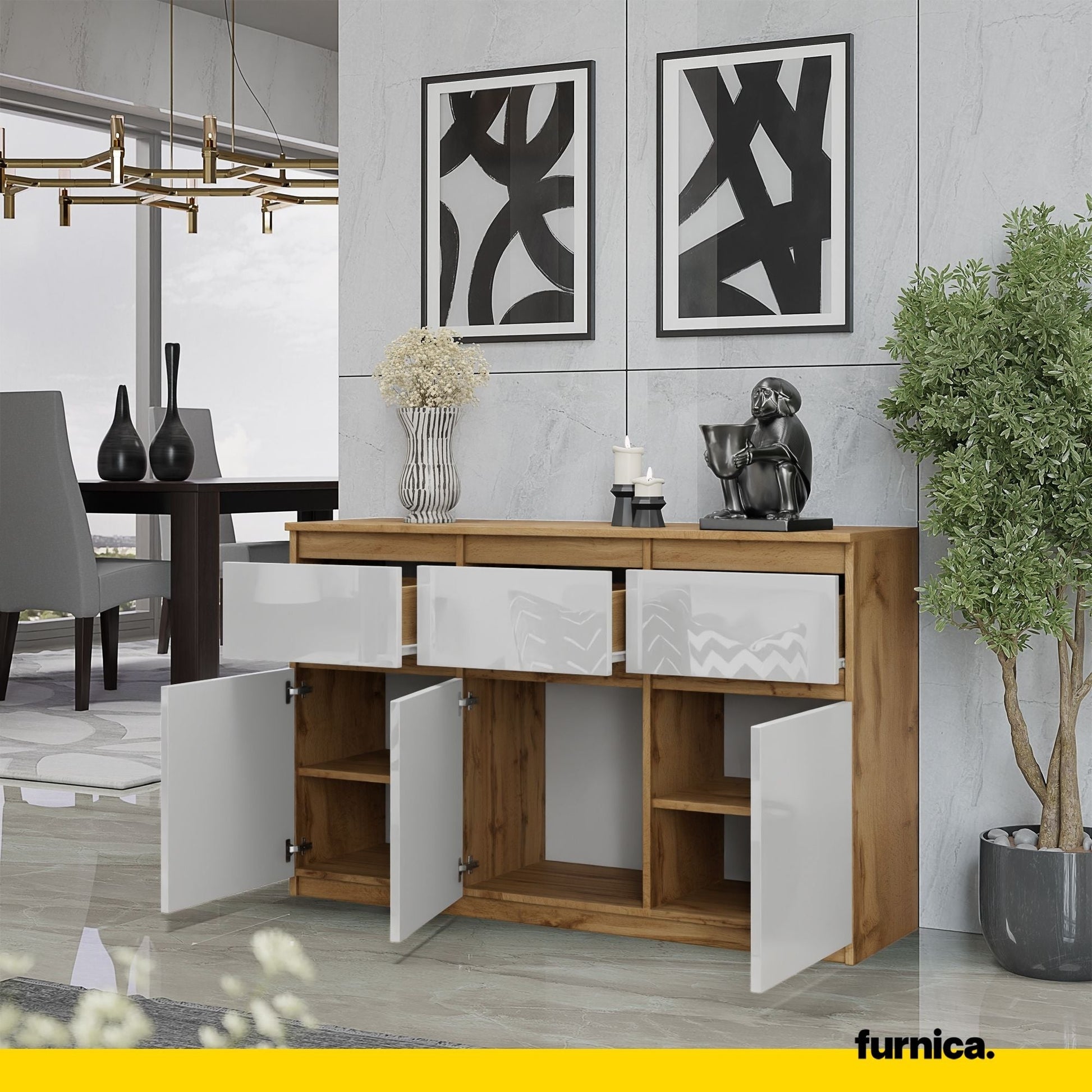 NOAH - Komoda se 3 šuplíky a 3 dveřmi - Skříň na uložení oblečení do ložnice - Wotan dub / bílý lesk H75cm W120cm D35cm (4)
