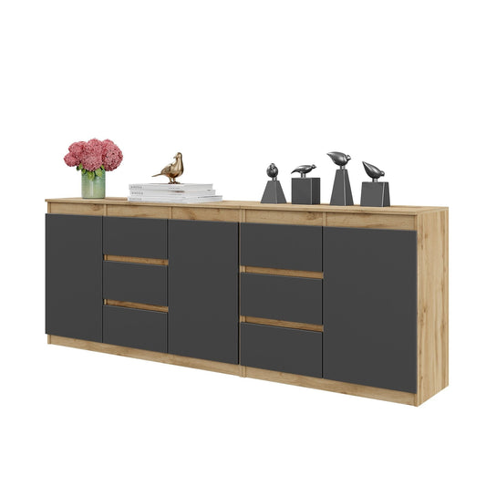 MIKEL - Komoda se 6 šuplíky a 3 dveřmi - Skříň na oblečení do ložnice - Wotan dub / antracit - V: 75 cm, Š: 200 cm, H: 35 cm