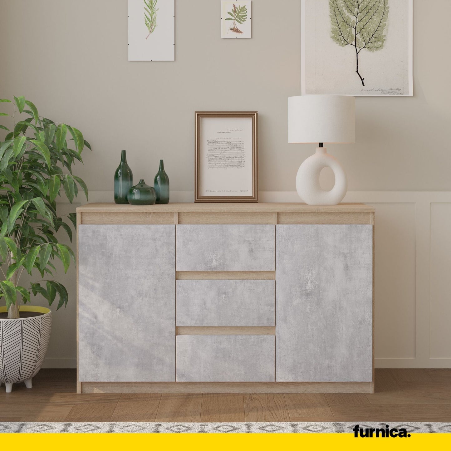 MIKEL - Komoda se 3 šuplíky a 2 dveřmi - Skříň na oblečení do ložnice - Sonoma dub / beton - Výška 75 cm, šířka 120 cm, hloubka 35 cm.