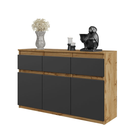 NOAH - Komoda se 3 šuplíky a 3 dveřmi - Skříň na uložení oblečení do ložnice - Wotan dub / antracit H75cm W120cm D35cm