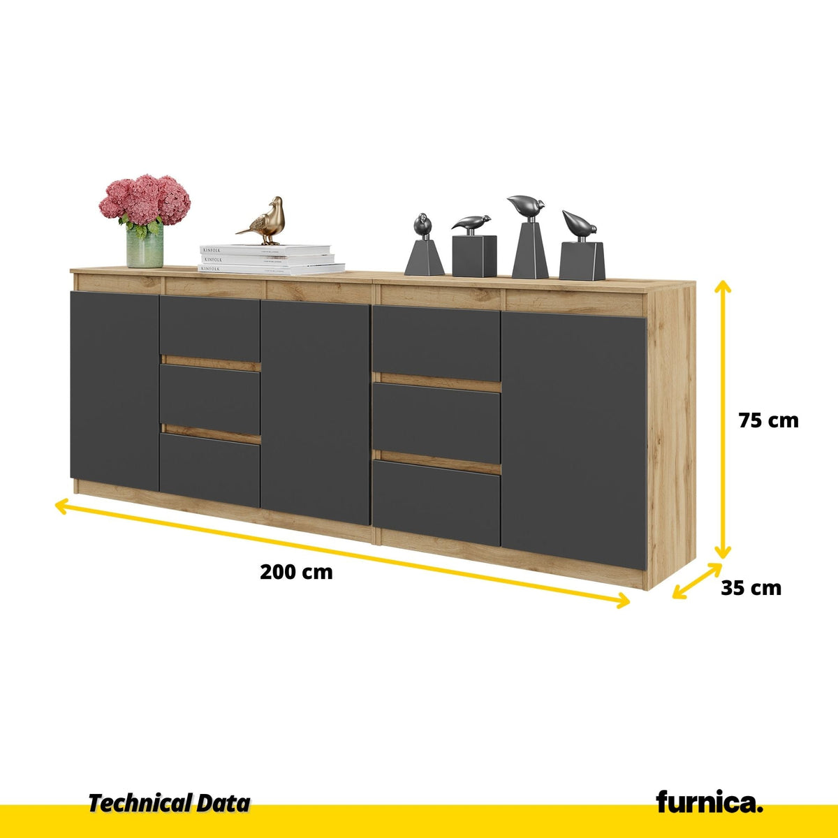 MIKEL - Komoda se 6 šuplíky a 3 dveřmi - Skříň na oblečení do ložnice - Wotan dub / antracit - V: 75 cm, Š: 200 cm, H: (2)