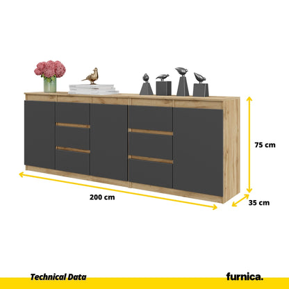 MIKEL - Komoda se 6 šuplíky a 3 dveřmi - Skříň na oblečení do ložnice - Wotan dub / antracit - V: 75 cm, Š: 200 cm, H: (2)