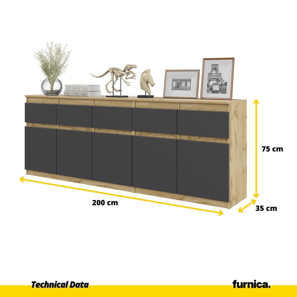 NOAH - Komoda se 5 šuplíky a 5 dveřmi - Skříň na uložení oblečení do ložnice - Wotan dub / antracit - V: 75 cm, Š: 200 (2)