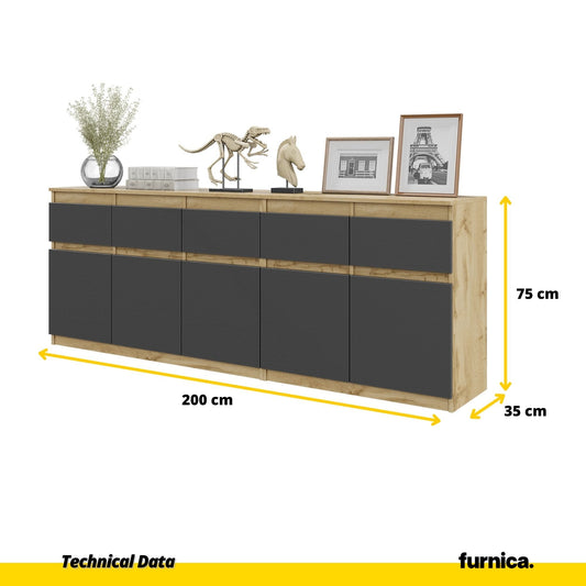 NOAH - Komoda se 5 šuplíky a 5 dveřmi - Skříň na uložení oblečení do ložnice - Wotan dub / antracit - V: 75 cm, Š: 200 cm, H: 35 cm