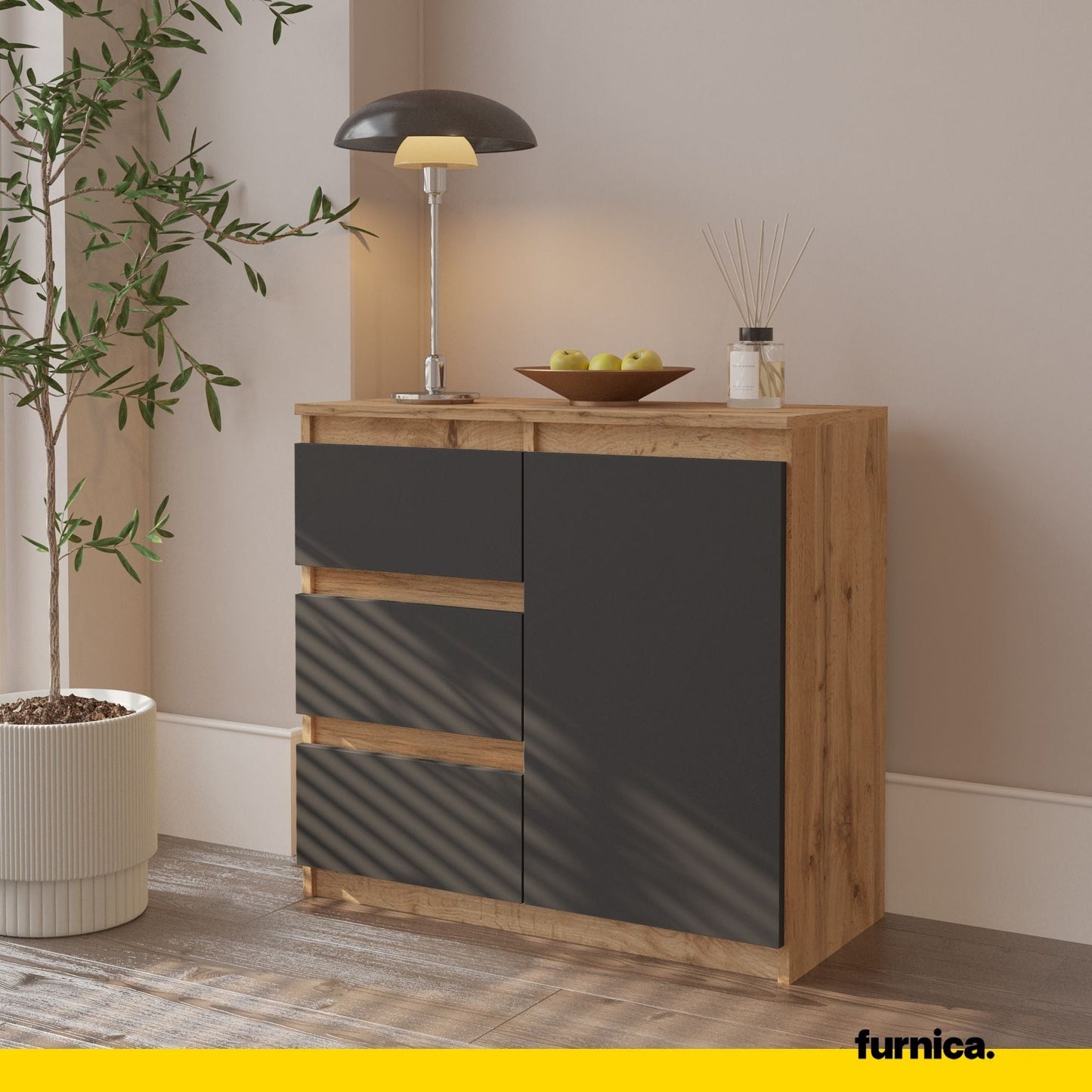 MIKEL - Komoda se 3 šuplíky a 1 dveřmi - Skříň na oblečení do ložnice - Wotan dub / antracit H75cm W80cm D35cm